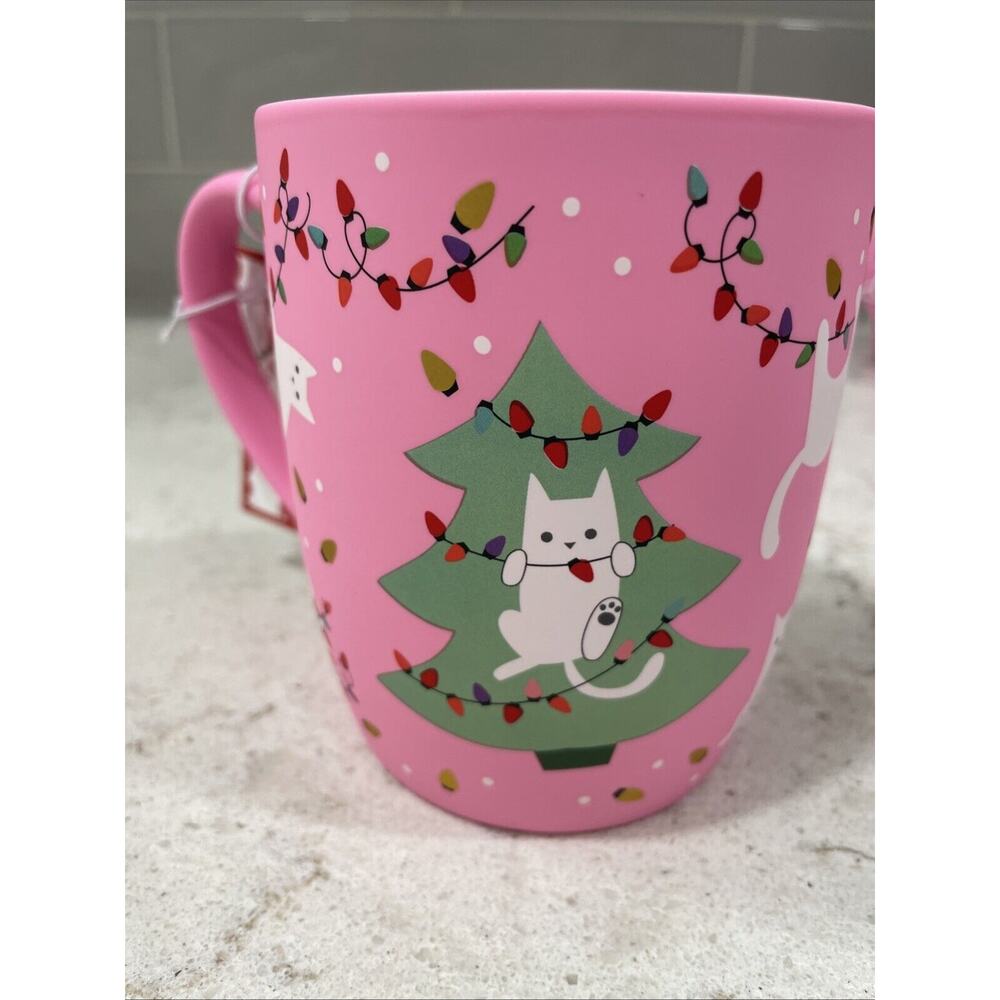 Peppermint & Pine Pink SOFT TOUCH Cats In Christmas Holiday Lights 16oz Mug - Picture 4 of 5